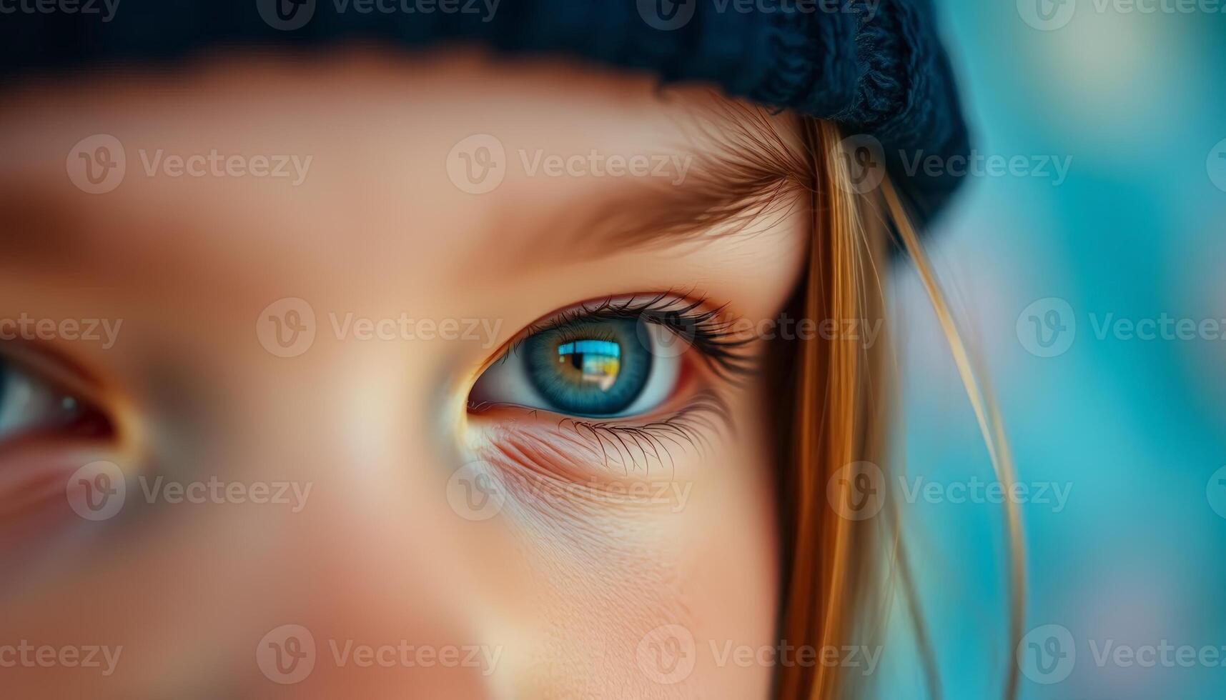 A close-up of a young girl's eye in a knitted hat, highlighting her enchanting blue iris while showcasing the soft textures of her face. photo