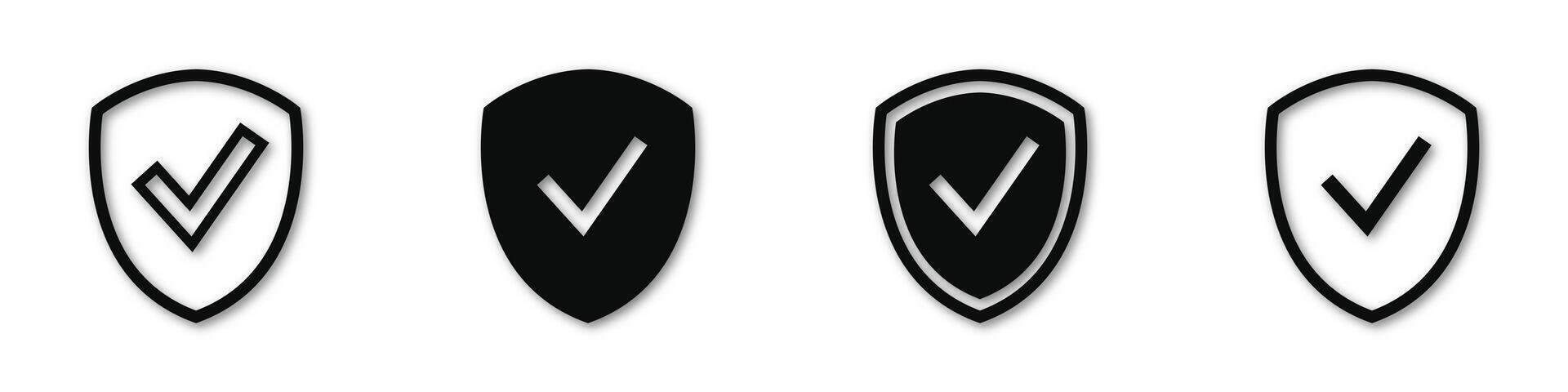 Shield icon set with check mark, tick, and cross symbols. Secure approve and reject signs for interface, app, or web. Protection and validation icons for safe user experience and data security. vector