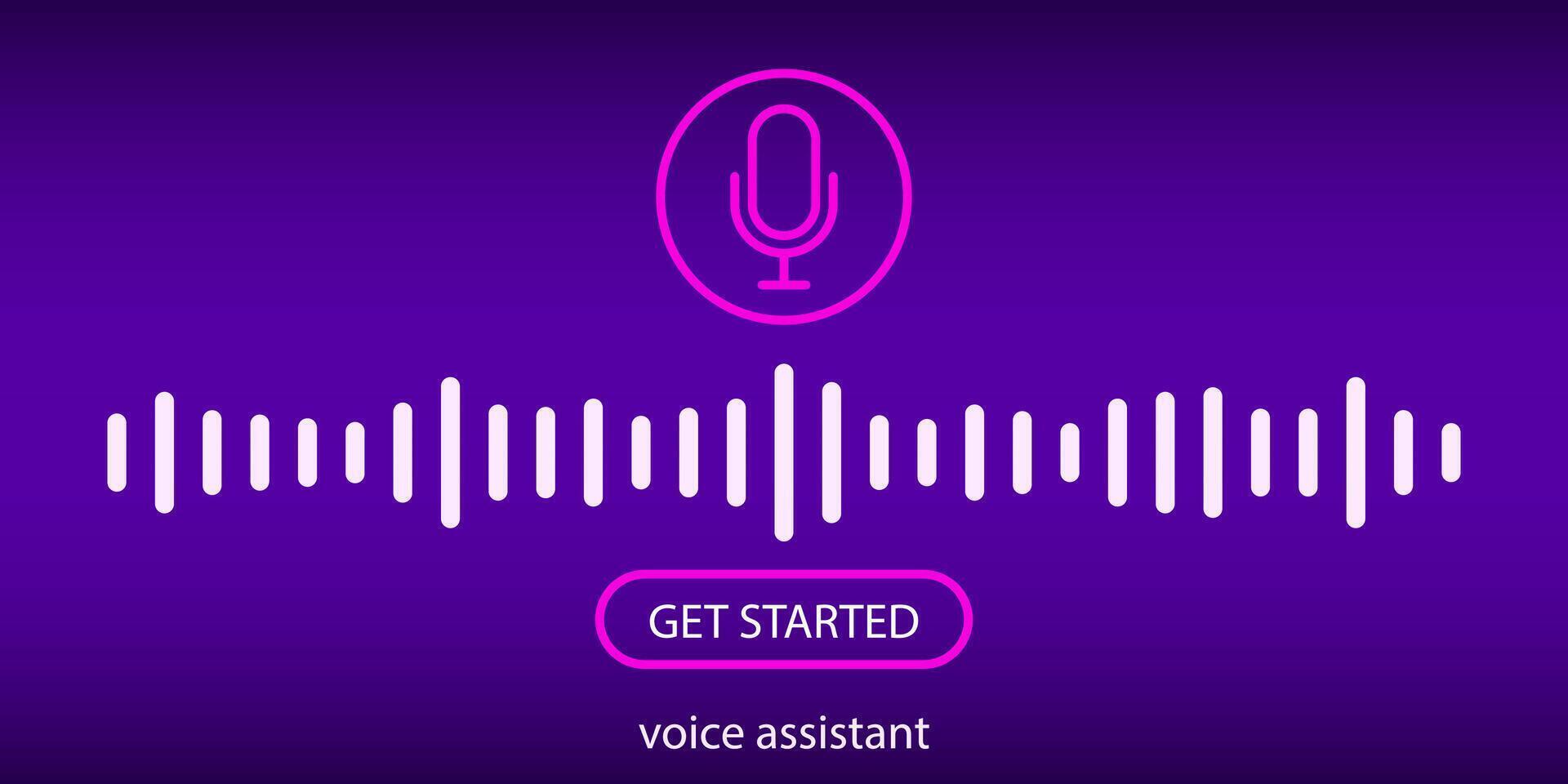 Modern voice control assistant with neural wave design and mic symbol. Represents interaction with artificial intelligence, smart voice command system and start button communication UI. vector