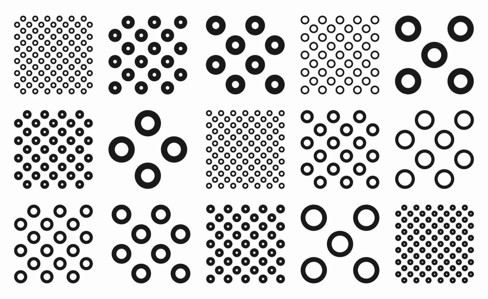 Collection of modern black and white seamless patterns with geometric circles and ring shapes in grid style. Ideal for backgrounds, fabrics, wallpapers, wrapping, and digital design use. vector