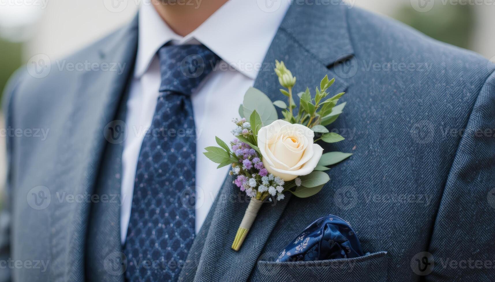 A close-up of a man's blue suit adorned with a boutonniere made of a cream rose and small flowers, perfect for formal occasions. photo