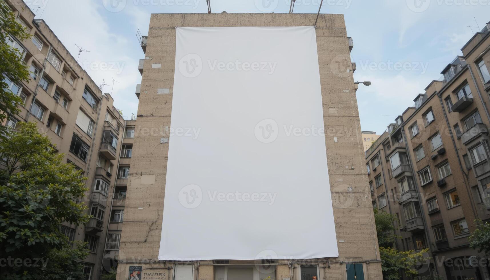 A blank white banner stretches across a building's facade in an urban setting, ideal for advertising or promotional displays, waiting for creative artwork. photo