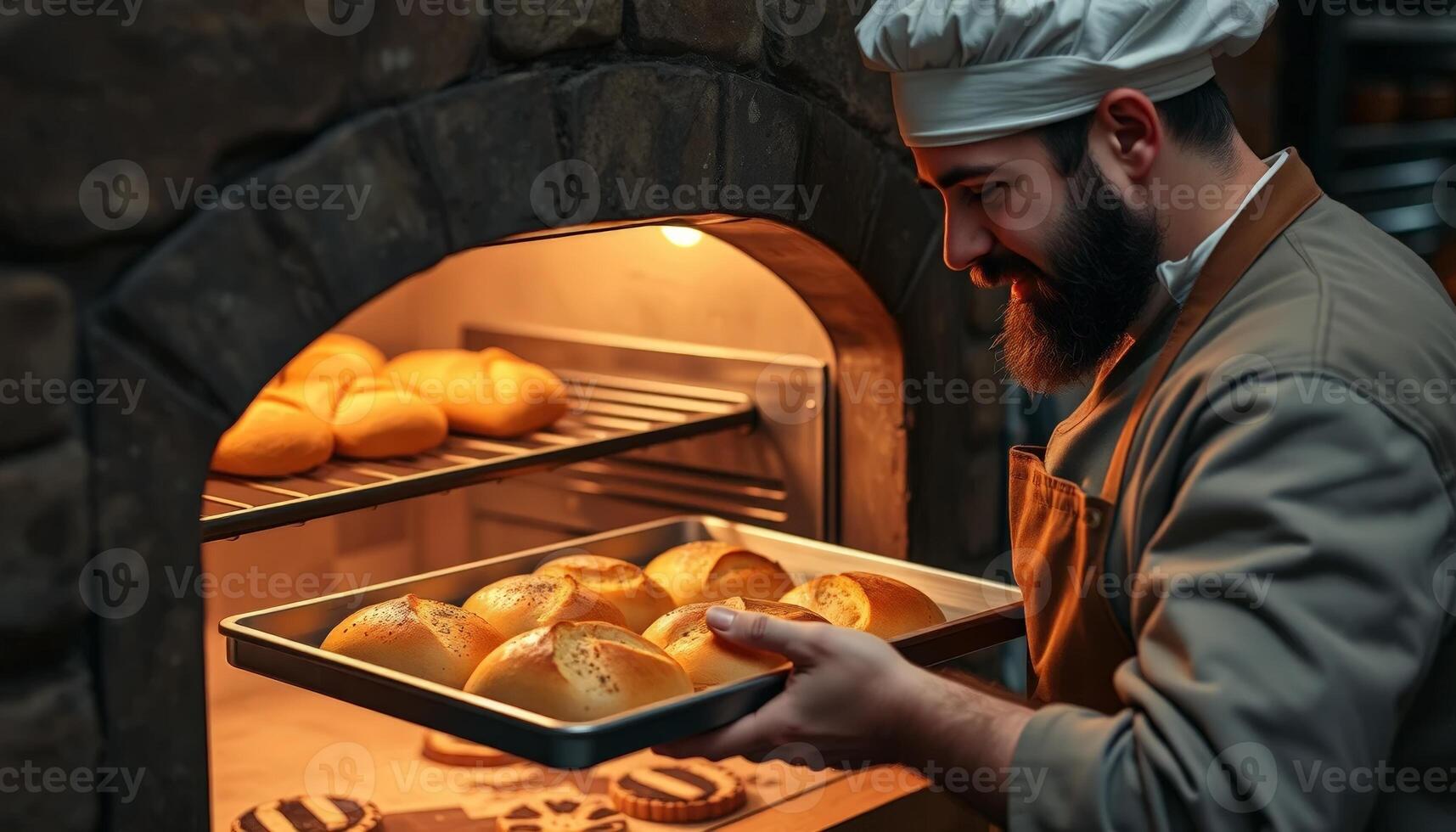 A baker wearing a chef's hat is pulling freshly baked bread from the oven, showcasing the artistry and warmth of bread making. photo