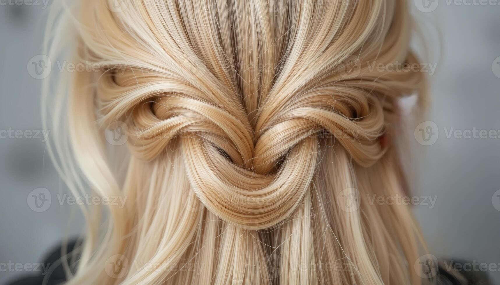 An intricate hairstyle featuring soft blonde strands woven together, showcasing expert styling techniques, suitable for special occasions or events. photo