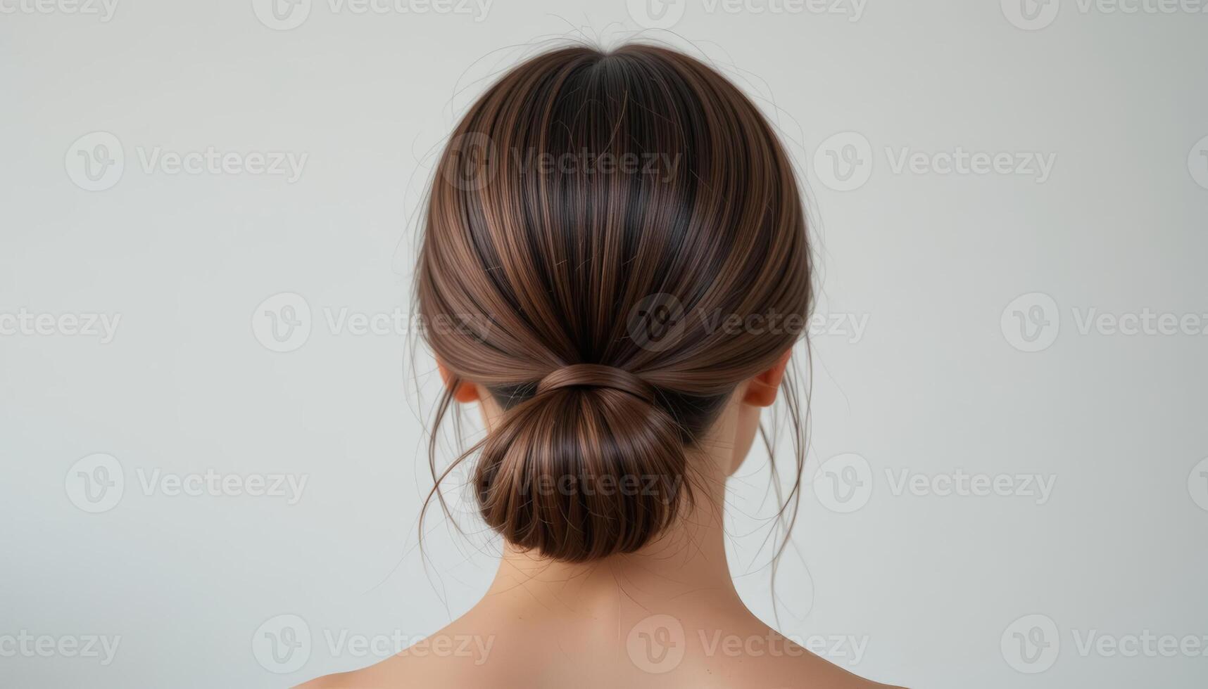 A simple yet stylish low bun hairstyle, showcasing a smooth finish and natural shine, perfect for everyday wear or casual settings. photo
