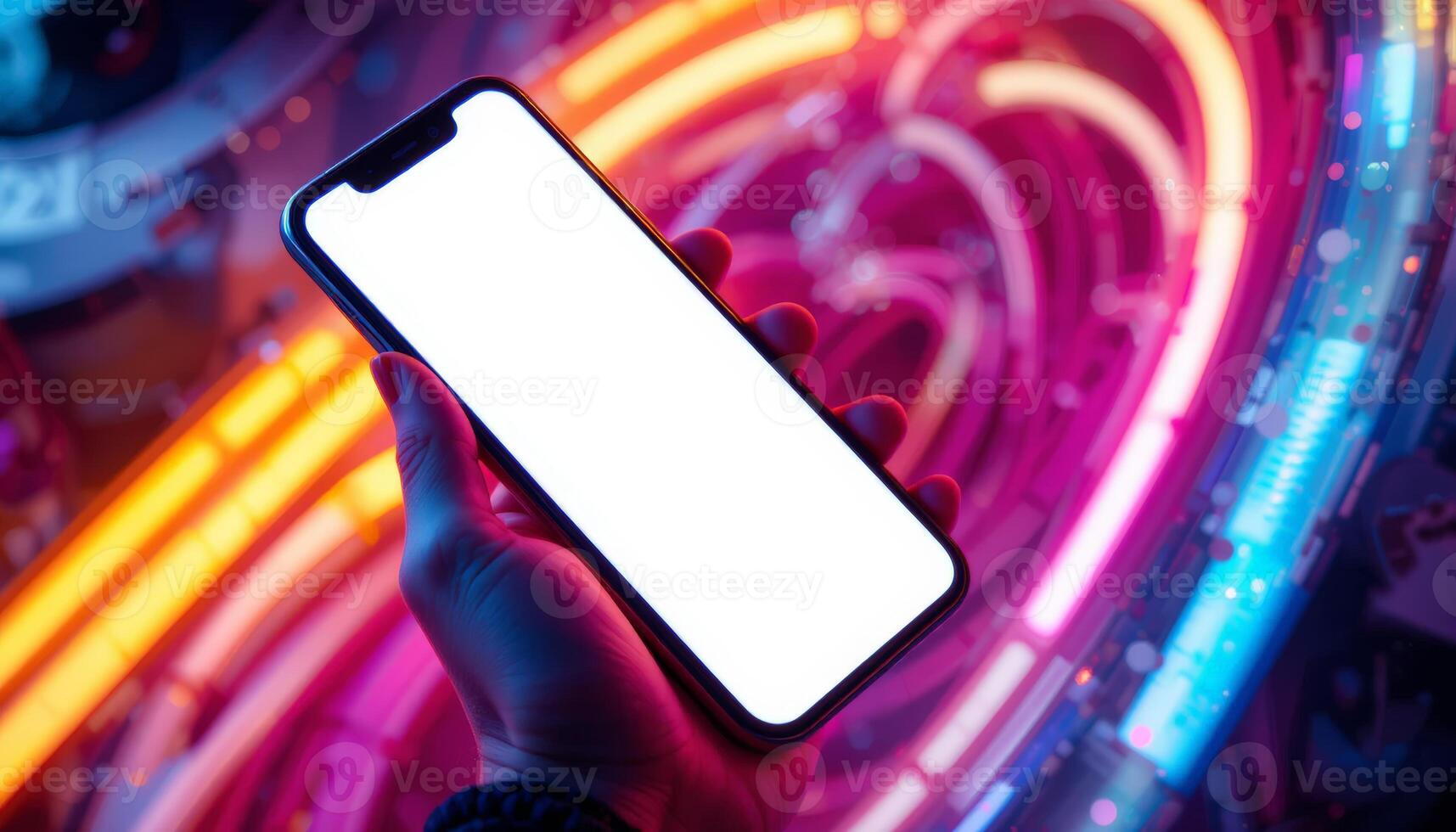 A smartphone held in a hand against a colorful, illuminated background, emphasizing technology and modernity with a blank screen. photo