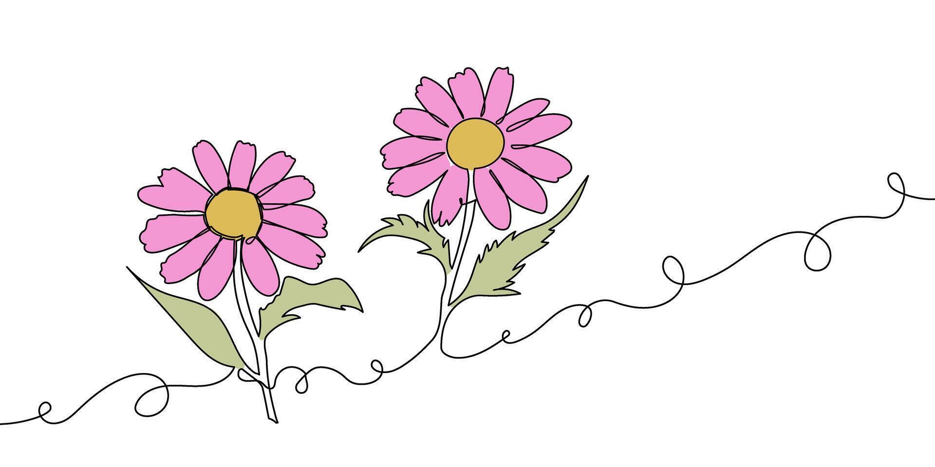 Pink Flowers with Curly Lines Line Drawing vector