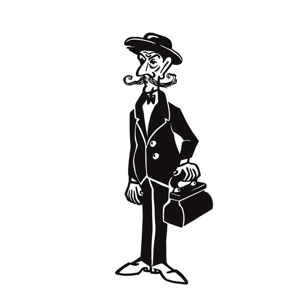 Old-fashioned man in hat with suitcase, silhouette monochrome vector