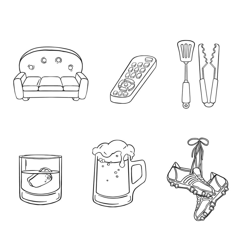 men household items beer, remote control, grill spatula sofa line illustration vector