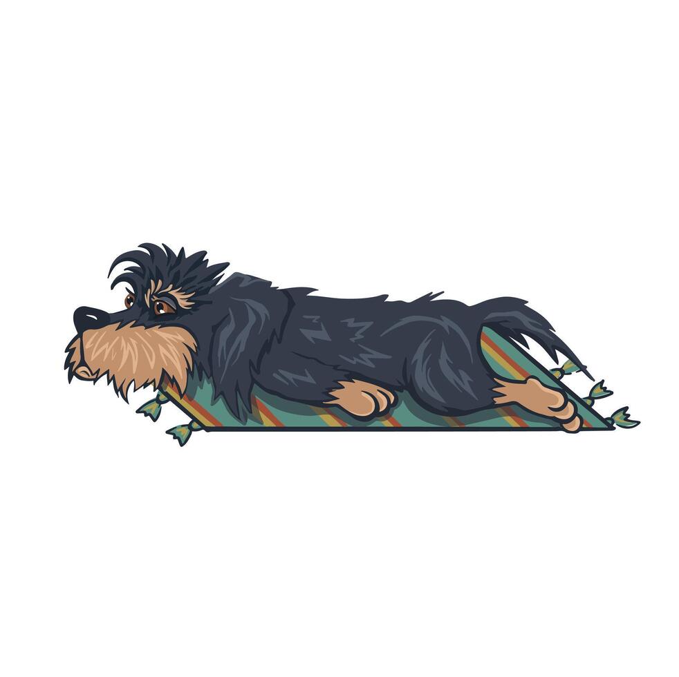 Dog lying on the rug tired, color cartoon vector