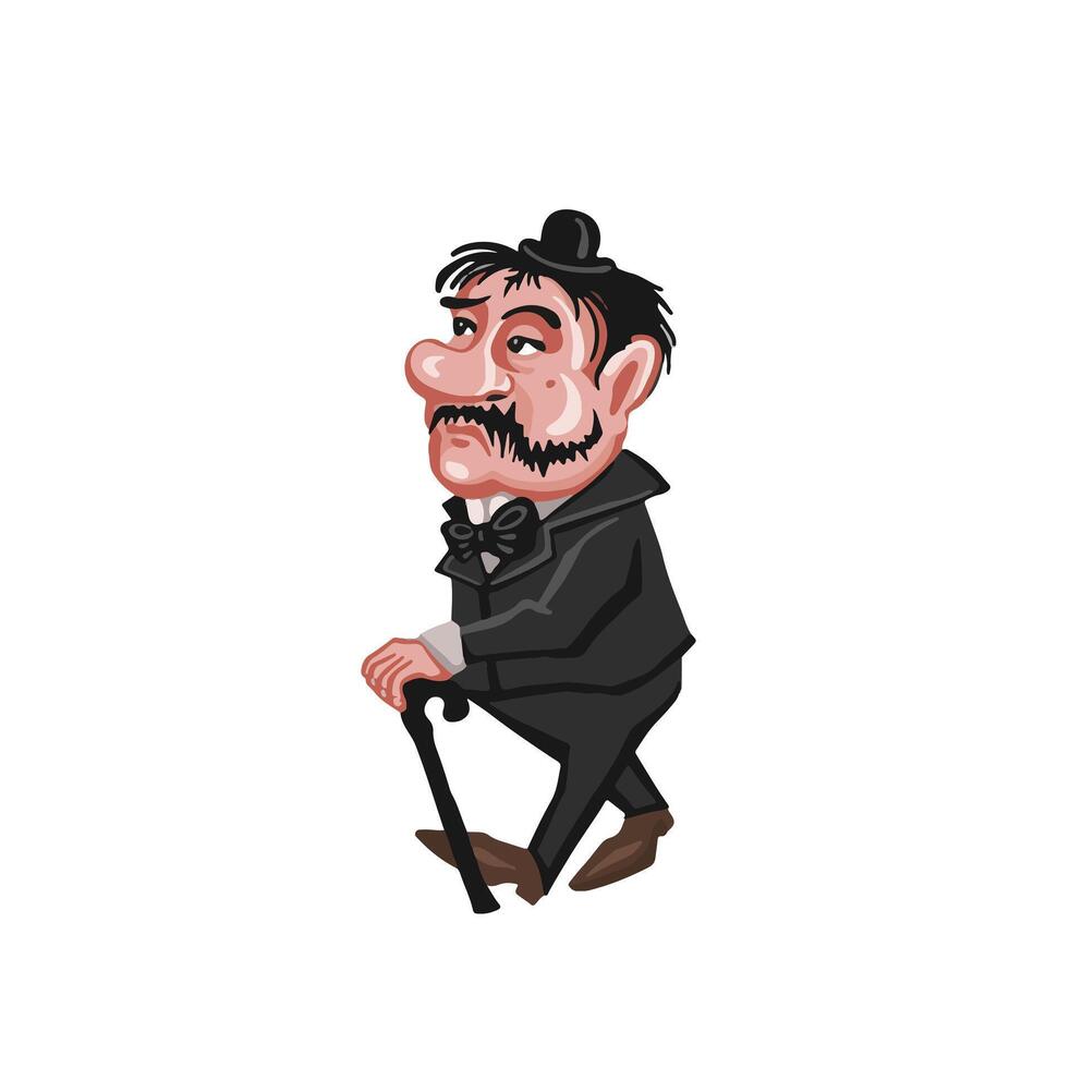 Colorful Old-fashioned man in hat with cane, cartoon style vector