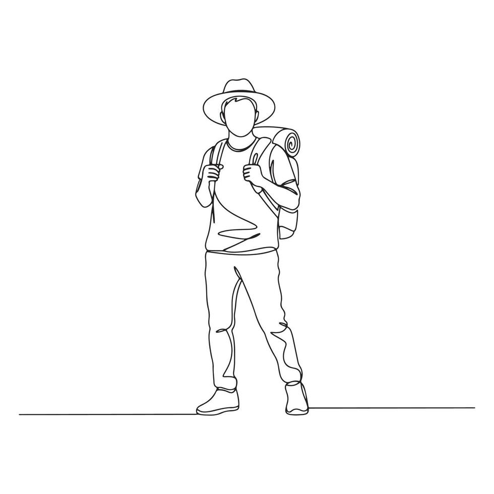 Continuous Line Drawing of Adventurous Man with Backpack vector