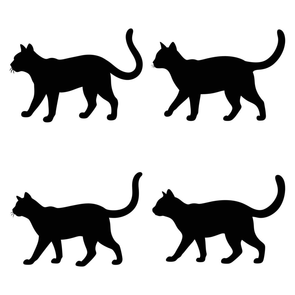 Cat walking black silhouette, black and white cat illustration vector