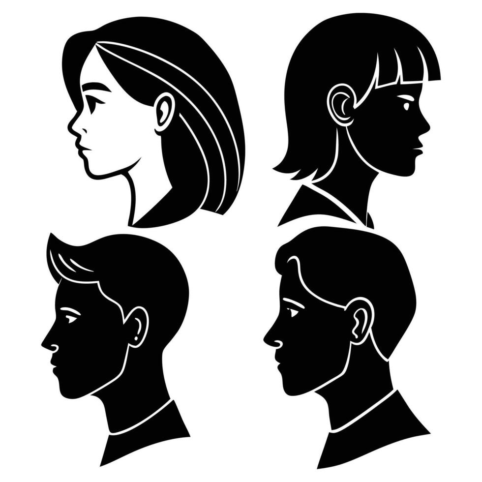 silhouette capturing the stylish side profile of man and woman with elegant hair and unique facial features, isolated on a white background., silhouette of peoples side face vector