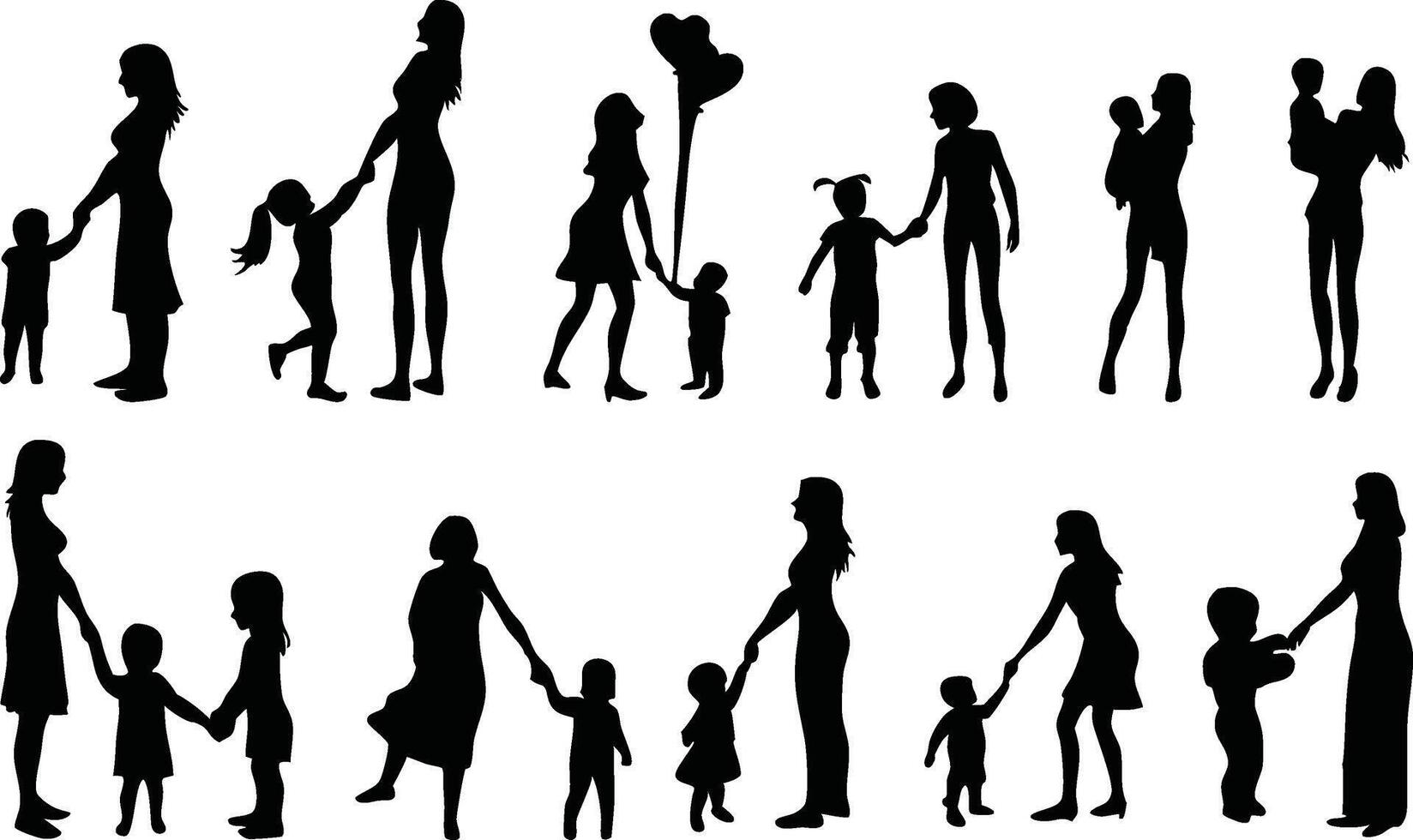 set of silhouettes of mothers with their children on a white background, silhouettes of women and child vector