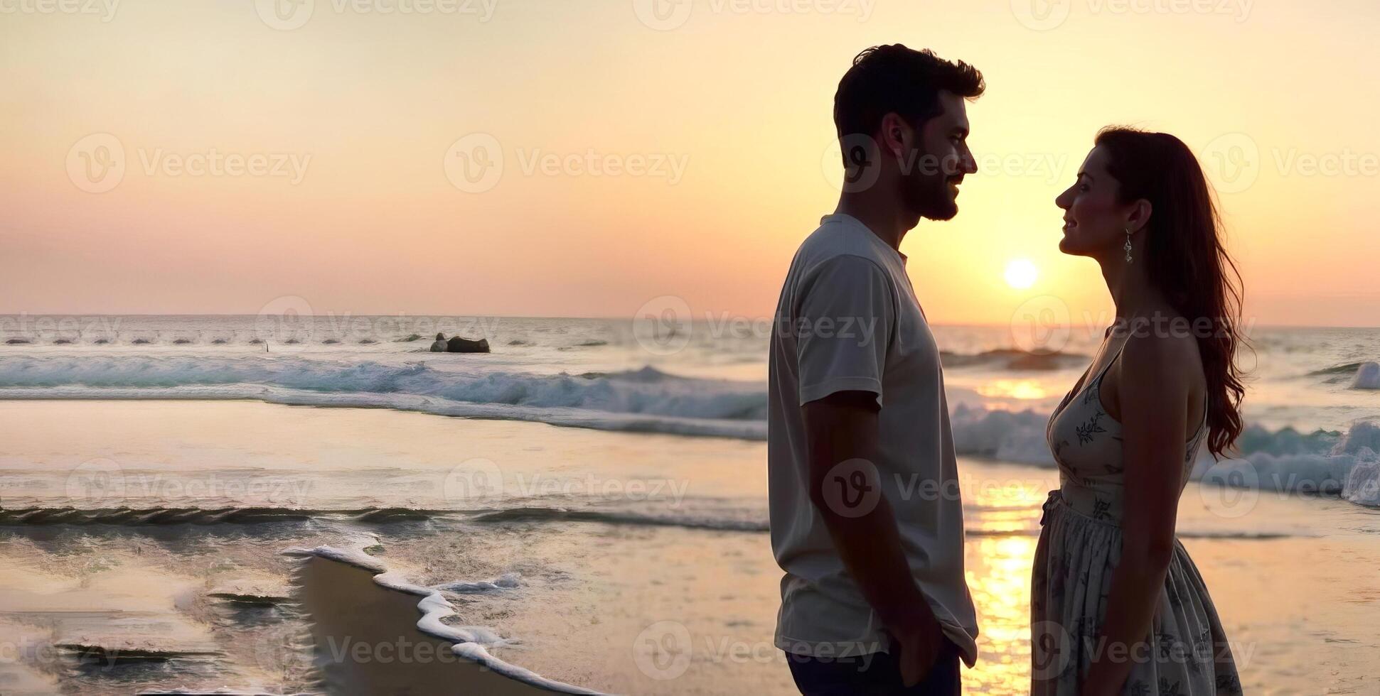 Banner with a couple in love on the beach during a beautiful summer sunset, with the sea in the background, copy space photo
