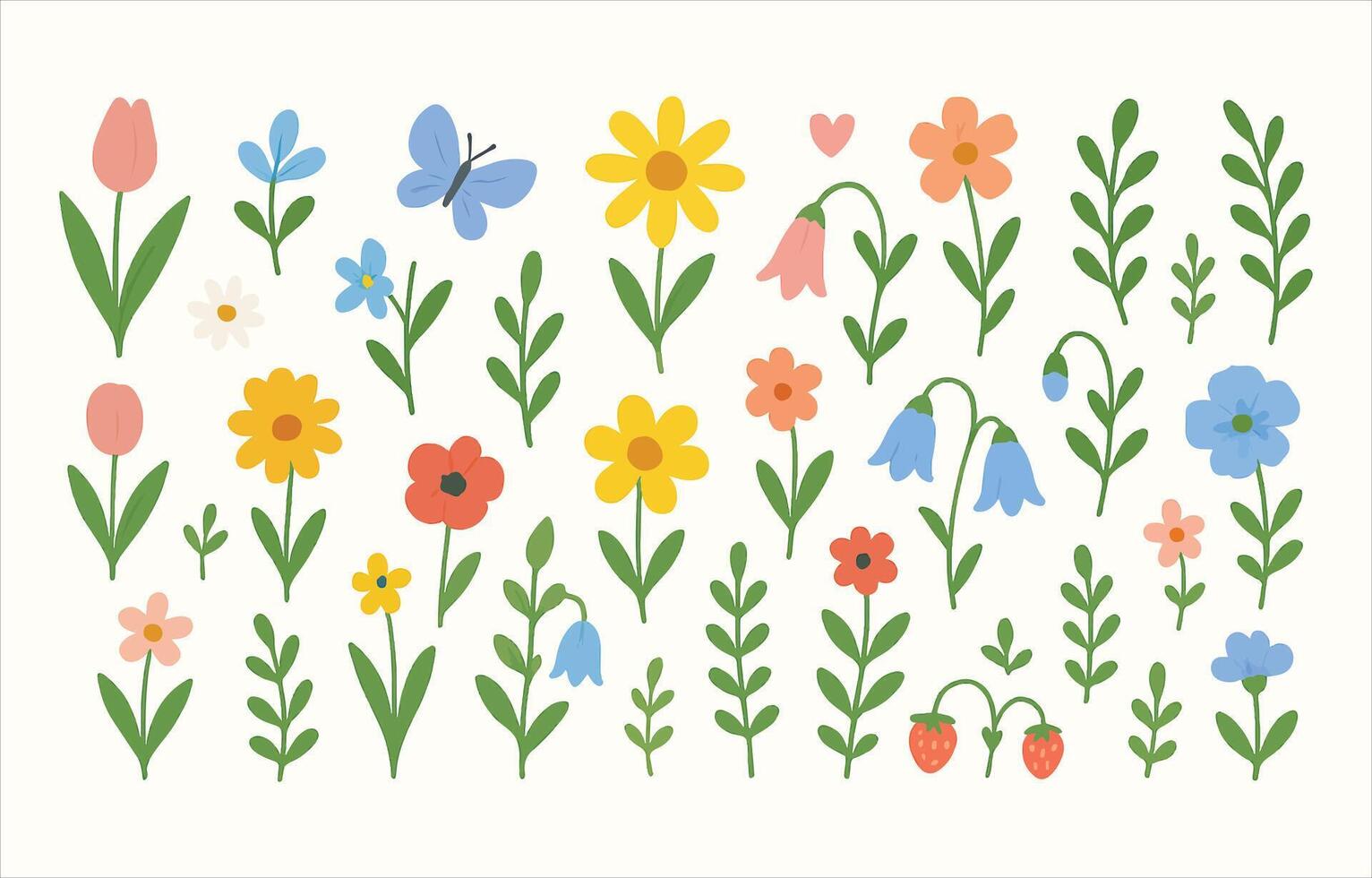 Set of spring and summer hand drawn flowers. Floral elements, wildflower, leaves and herb, plants, foliage on white background. Collection spring blossom icons. flat illustration. vector
