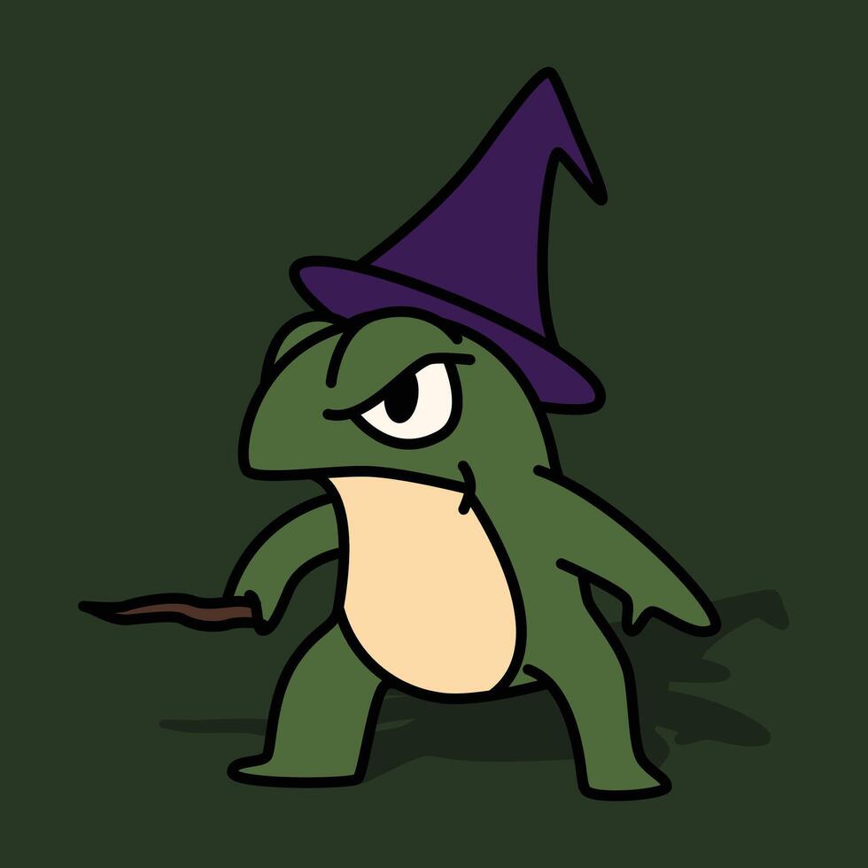 A cartoon frog wearing a witch hat and holding a wand vector