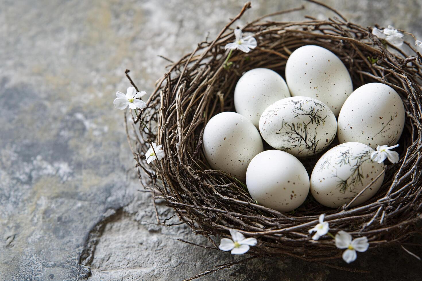 Delicate white eggs nestled in a rustic bird's nest, adorned with sprigs of wildflowers, evoke a sense of springtime peace and renewal against a subtly textured background. photo