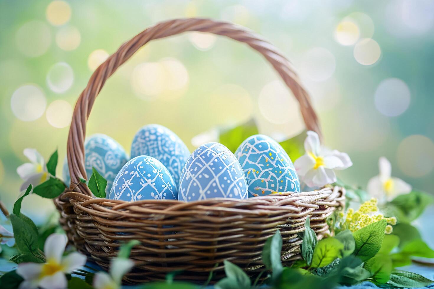 A charming wicker basket overflowing with delicate blue Easter eggs, adorned with intricate white designs, nestled amongst vibrant spring blossoms in a soft, sun-drenched setting. photo