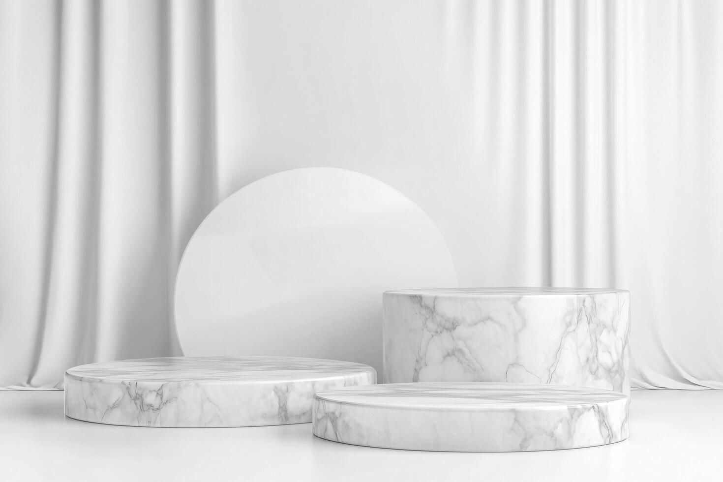 Elegant white marble podiums display against a soft, flowing white curtain backdrop, creating a serene and sophisticated minimalist scene. photo