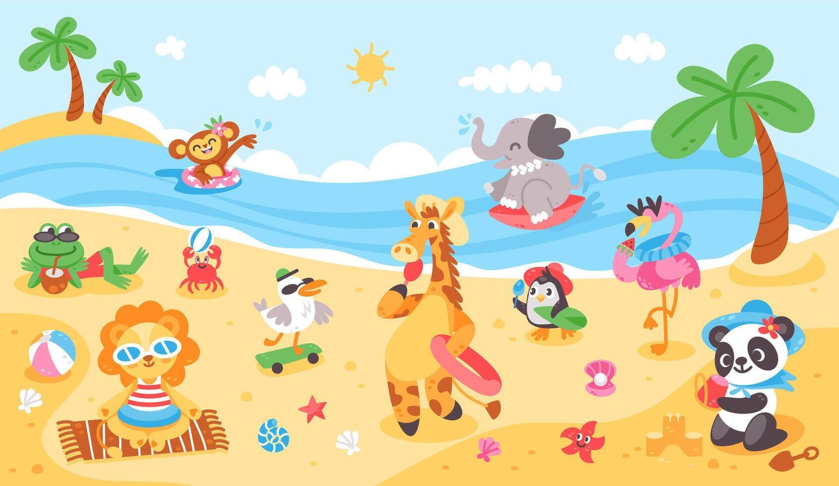 Funny animals on beach. Cute animal character on summer holiday near sea. Mammal and bird relaxing, swimming, sunbathing. Season vacation banner. fauna poster vector
