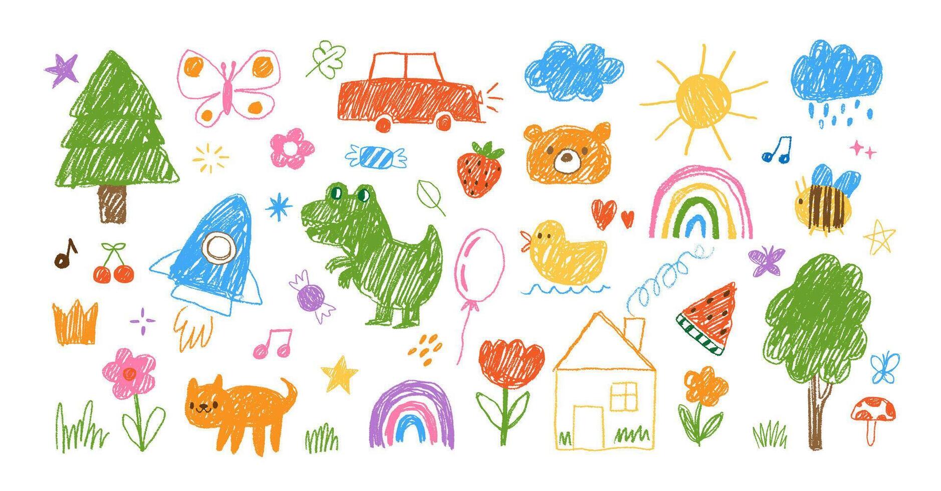 Kids drawing. Doodle simple child illustration. Hand drawn children pencil elements. Sketch chalk flower, sun, cloud, rainbow, animals. Naive crayon print. set vector
