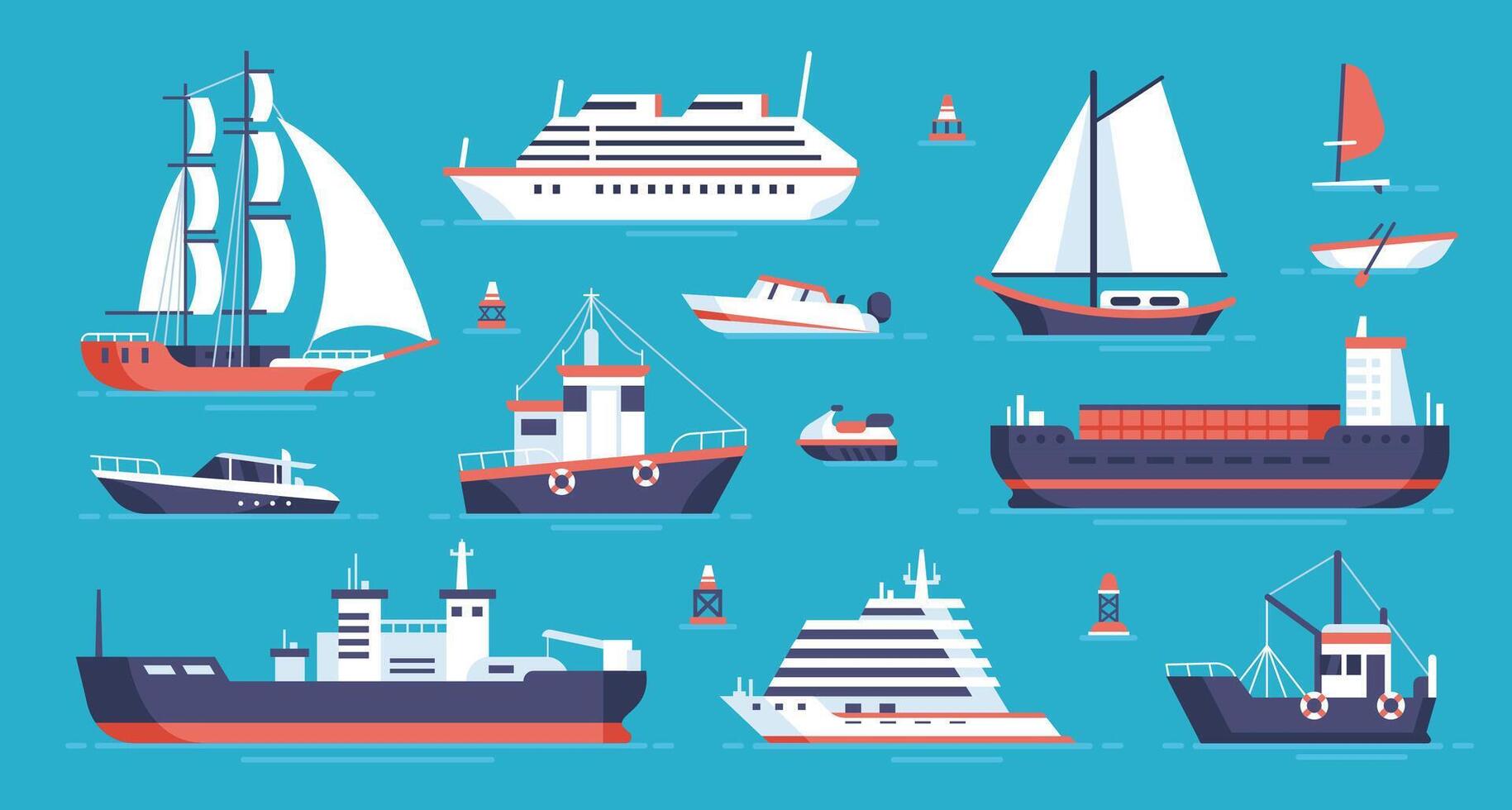Flat ships. Cartoon boats and vessels. Sea yacht and cargo ship. Marine cruise ship, liners, steamboat and sailboat. Water transportation. Ocean nautical shipping boats. set vector