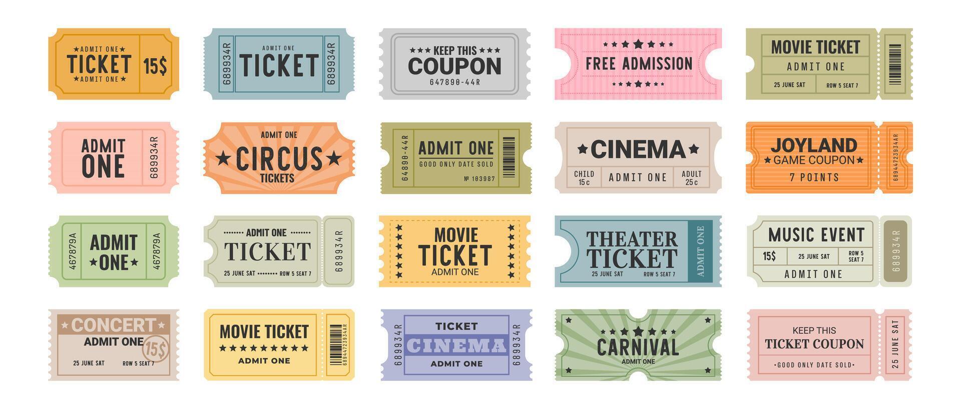 Vintage tickets. Retro admission pass. Admit One label for theater, circus, cinema, movie, concert music. Antique rectangular, rounded, perforated event ticket coupon. set vector
