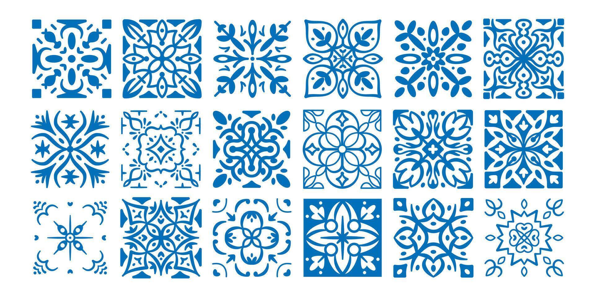 Azulejos pattern. Mediterranean tile ornaments. Traditional ceramic tiles. Blue and white traditional Portuguese, Spanish geometric, ceramic floral mosaic. Decorative set vector