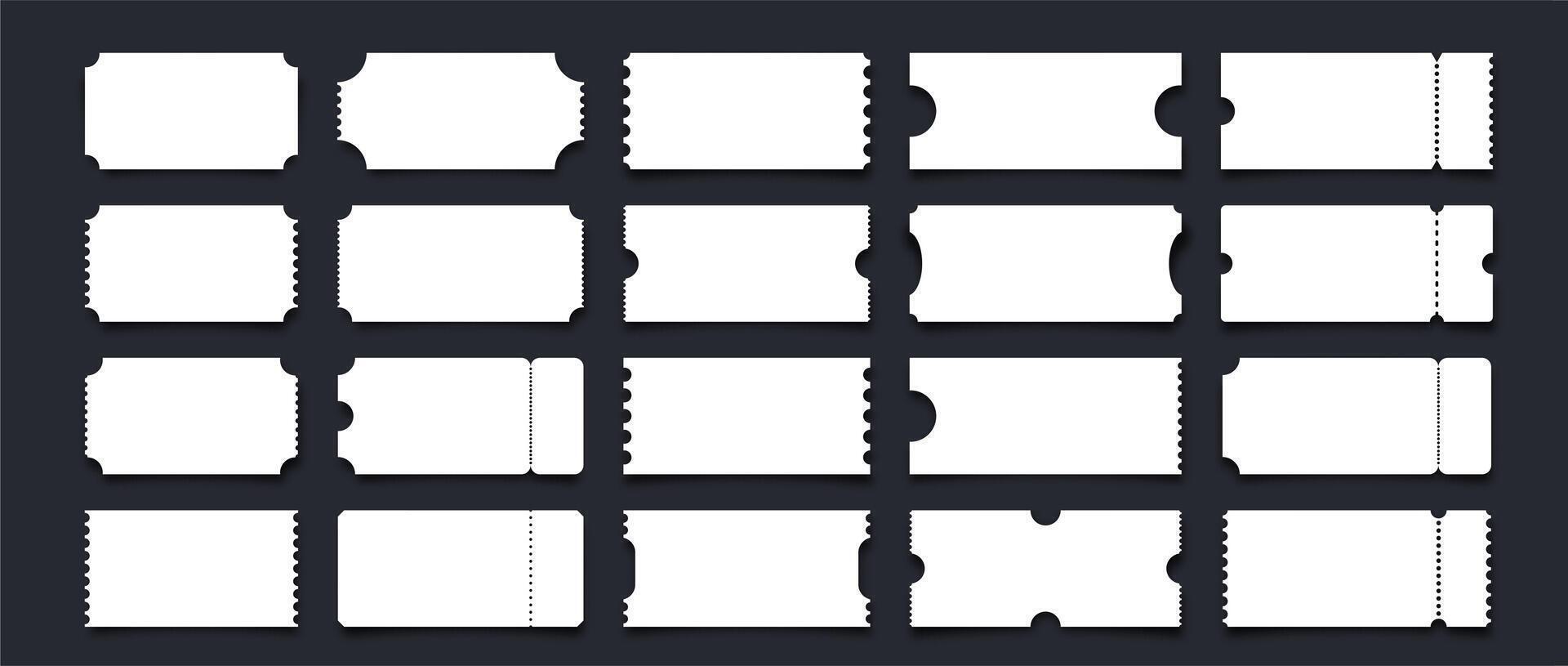 Ticket mockups. Paper coupons. White different ticket shapes template with rectangular, rounded, perforated edges for text, movie, concert, voucher, admission cards. collection vector