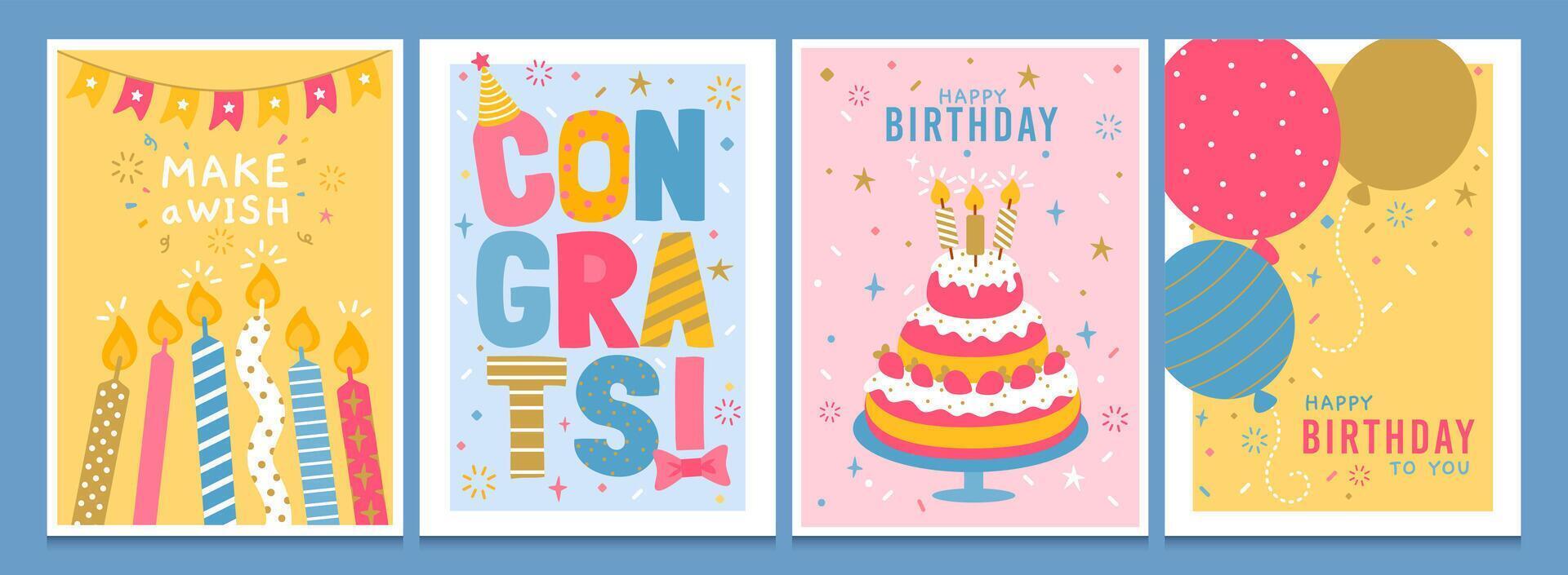 Birthday greeting cards. Cartoon happy h-bday invitation card with balloon, cake, candles, confetti, garland and typography. templates set with birthday text vector