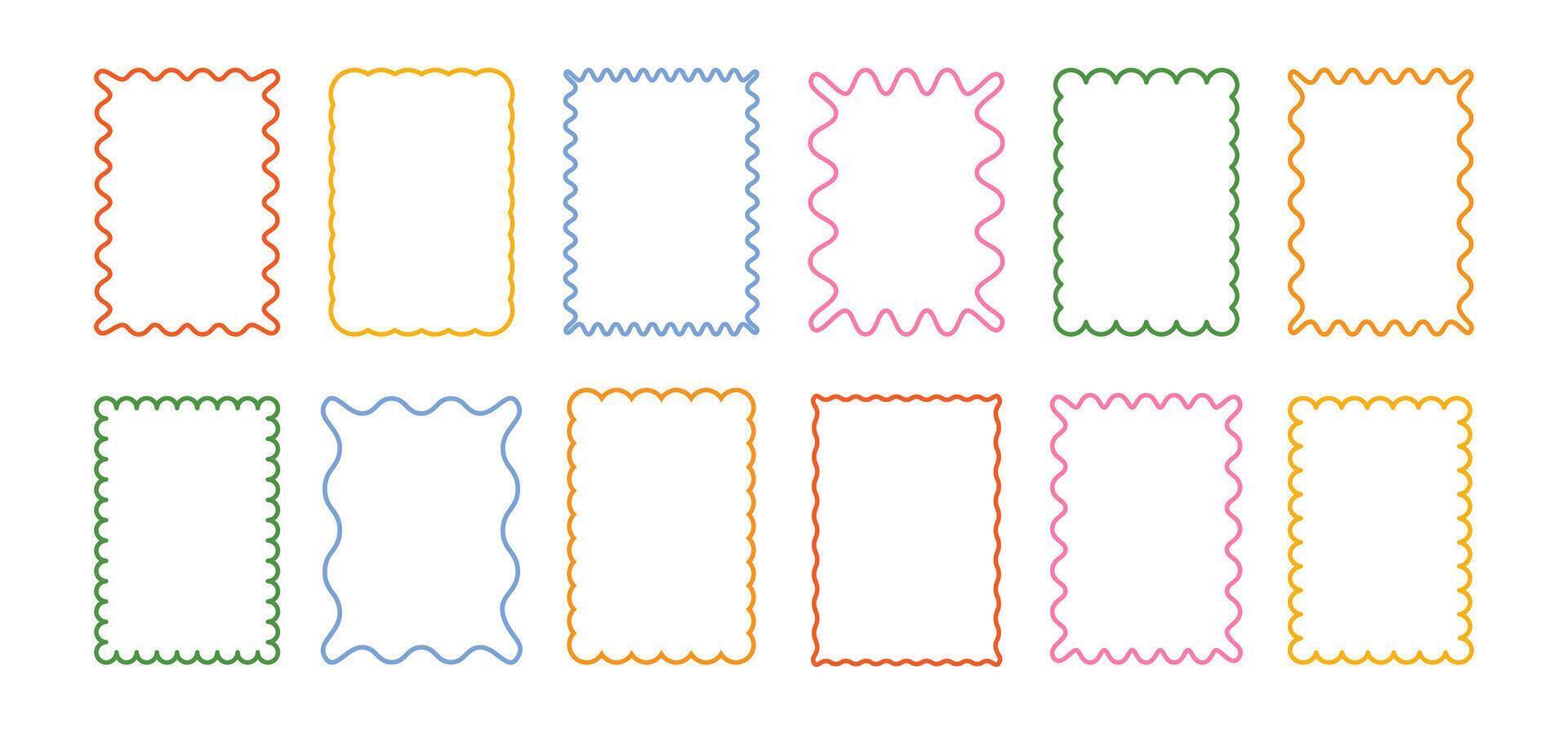 Wavy frame. Abstract waved shape boards. Retro colorful rectangle with outline curly, curvy photo frame. Line decorative boxes for text poster, card, sticker. set vector