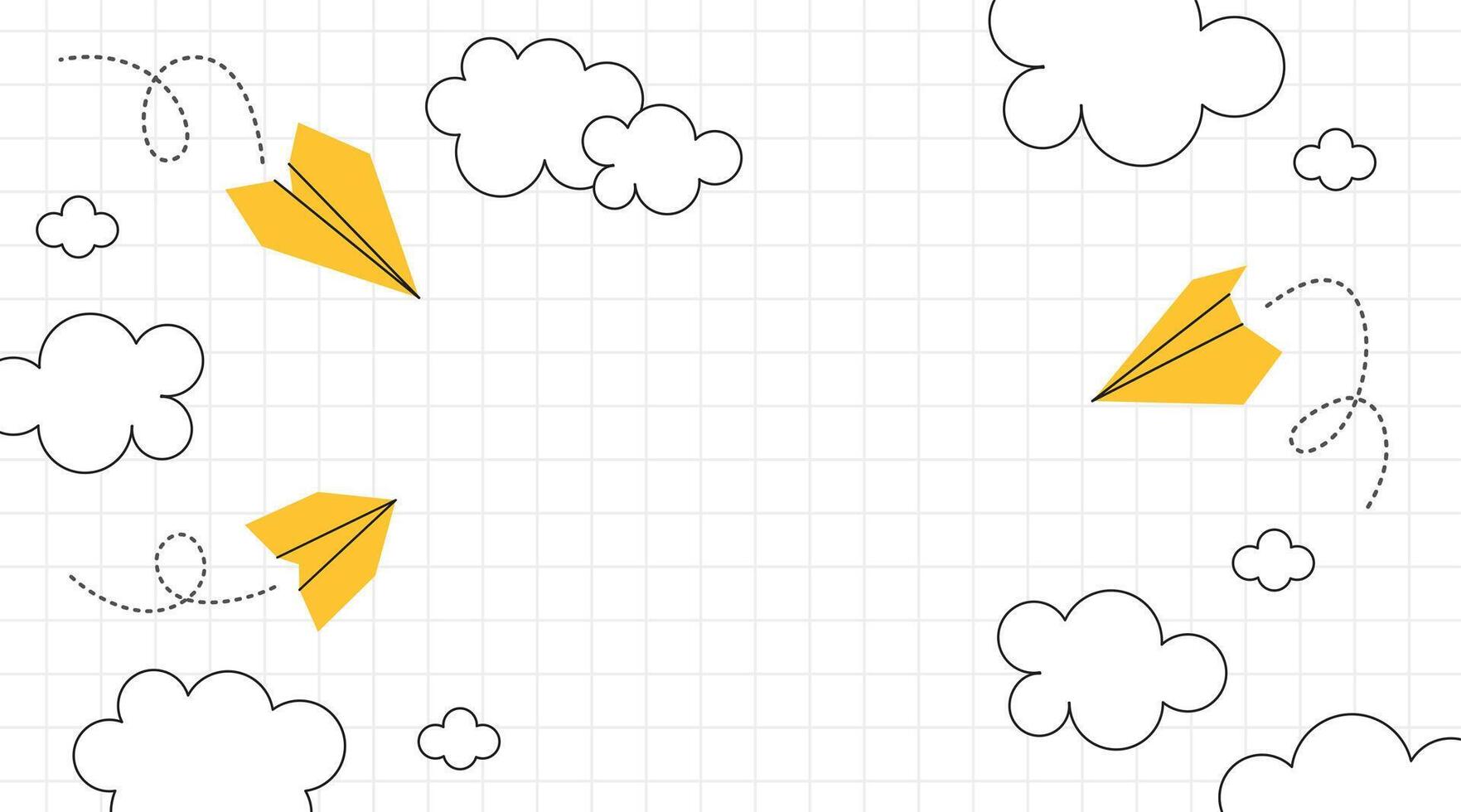 Paper plane background. Flying airplane. School note poster with color paper plane fly in clouds and sky. Kids plane flight in air. Startup origami plane concept. illustration vector