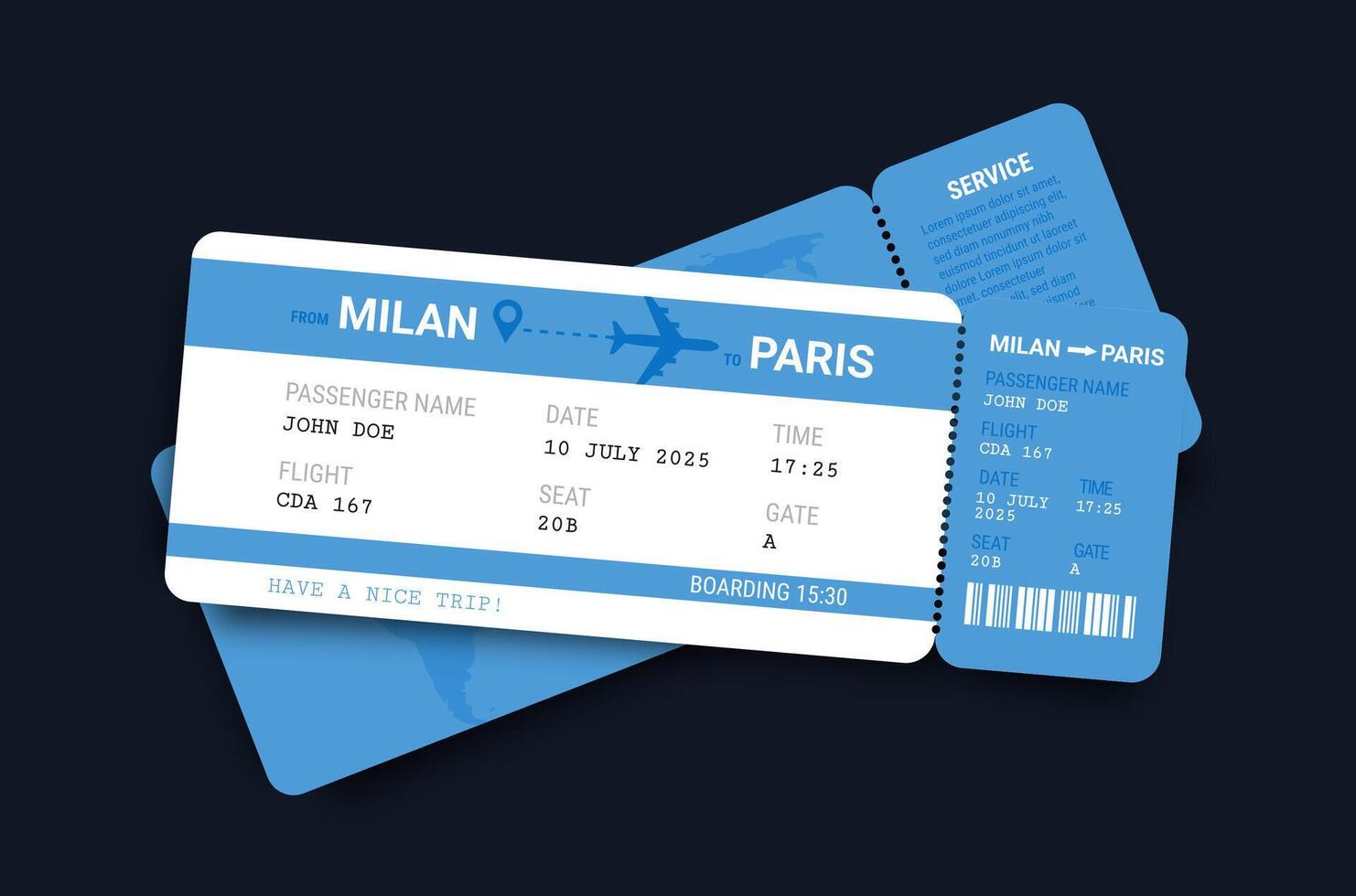 Airline tickets. Two boarding passes. Plane ticket template. Blue design boarding document with passenger and flight information blank. Trip, travel, journey pass. concept vector