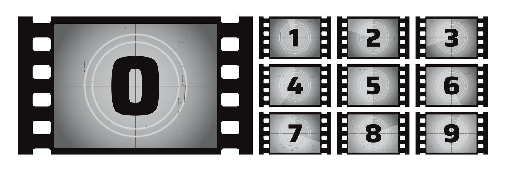 Film countdown frame. Retro movie reel. Counted down numbers. Visual element cinema projection. Circular timer, bold numbers count down from 0 to 9. project vector