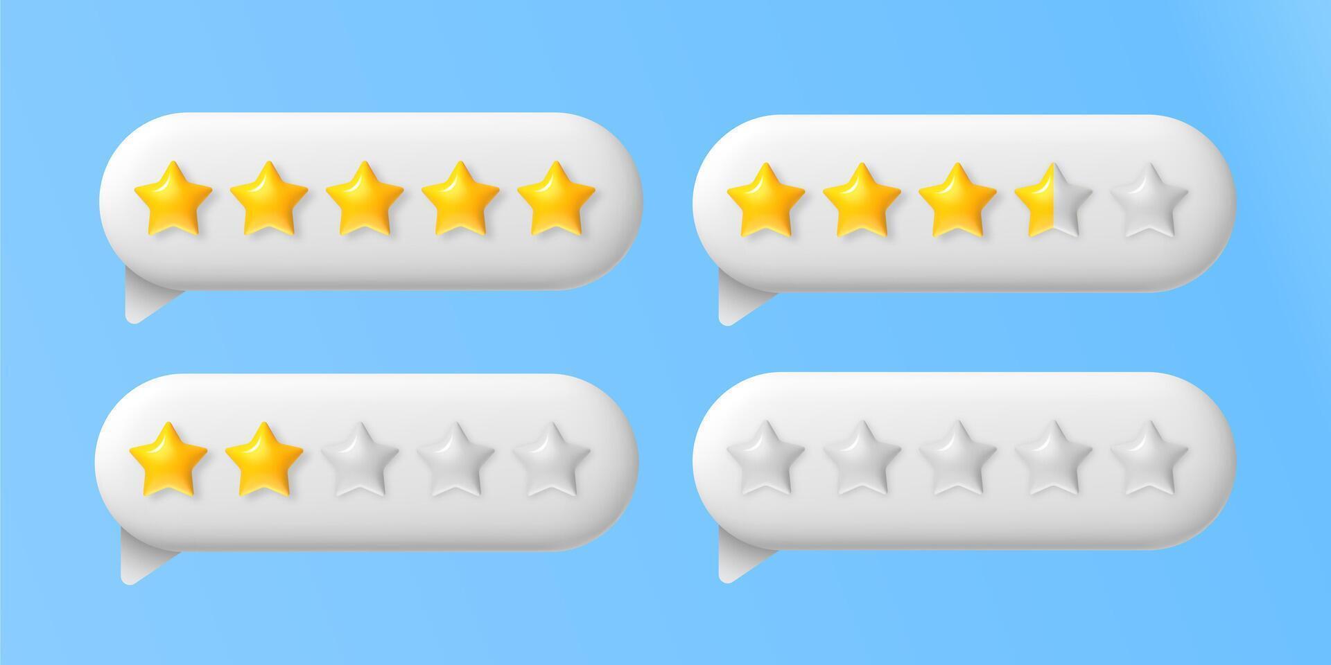 3d rating stars. Speech bubble with 5 golden and white star. Feedback box with good and bad review. Customer positive and negative rate. Client evaluation. Realistic concept vector