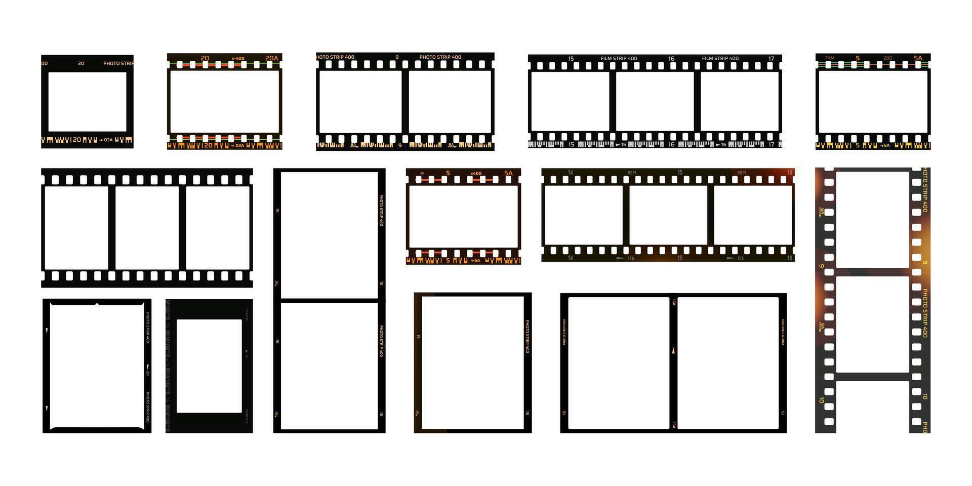 Photo film strip. Film long frame. Trendy template for social media. Cinema footage effect. Negative strips border. Blank film storytelling. set vector