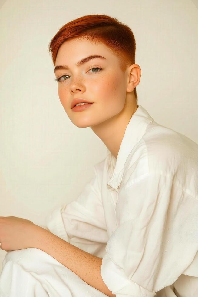 A studio portrait of a young woman with short red hair, wearing a loose white shirt, seated against a soft beige background, showcasing natural beauty and sophistication photo
