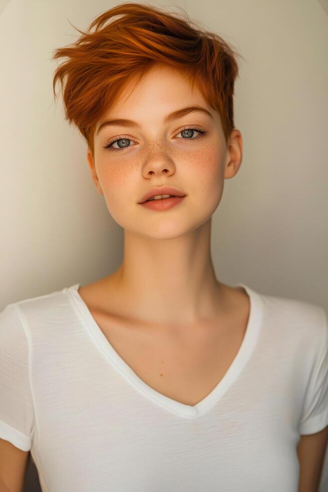 A close-up studio portrait of a young woman with short red hair, soft freckles, and a natural makeup look, wearing a simple white v-neck t-shirt against a neutral background photo