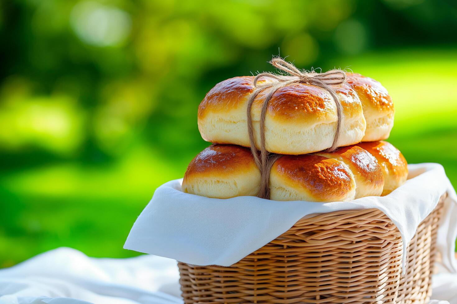 A stack of golden-brown brioche buns tied with twine, sitting in a wicker basket lined with white cloth, surrounded by a lush green outdoor background photo