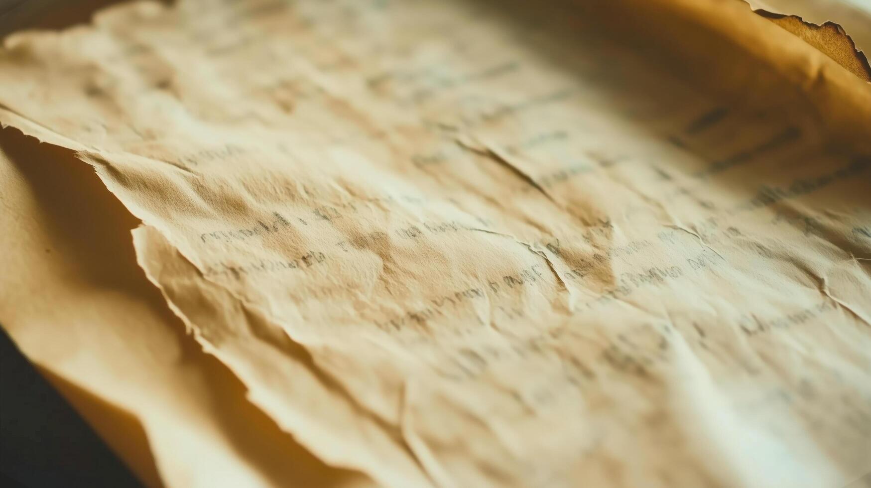 Close-up of a crumpled, yellowed page with faint and blurred handwritten notes, illuminated by warm light, creating a nostalgic and artistic vibe photo