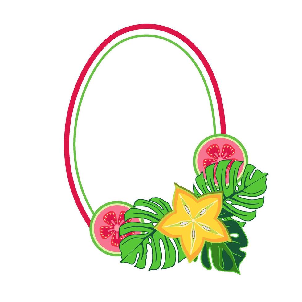 Oval frame with tropical guavas, star fruit, and monstera leaves vector