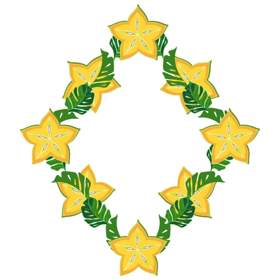 Geometric frame with star fruits and tropical leaves vector