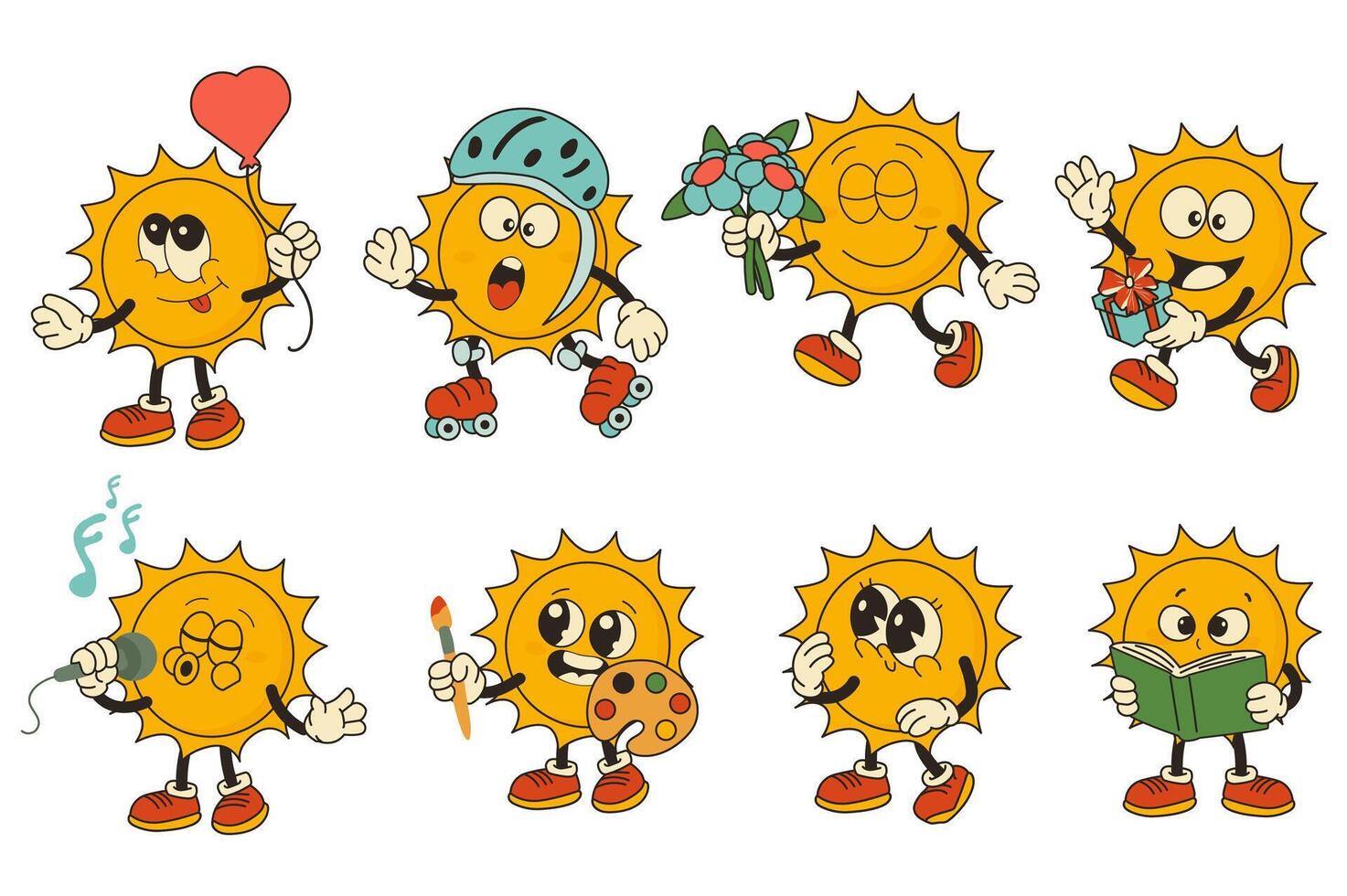 Groovy sun character set in flat graphic design. Collection isolated elements with retro cute mascot with love balloon, roller skating, holds bouquet, singing, painting, other. illustration. vector