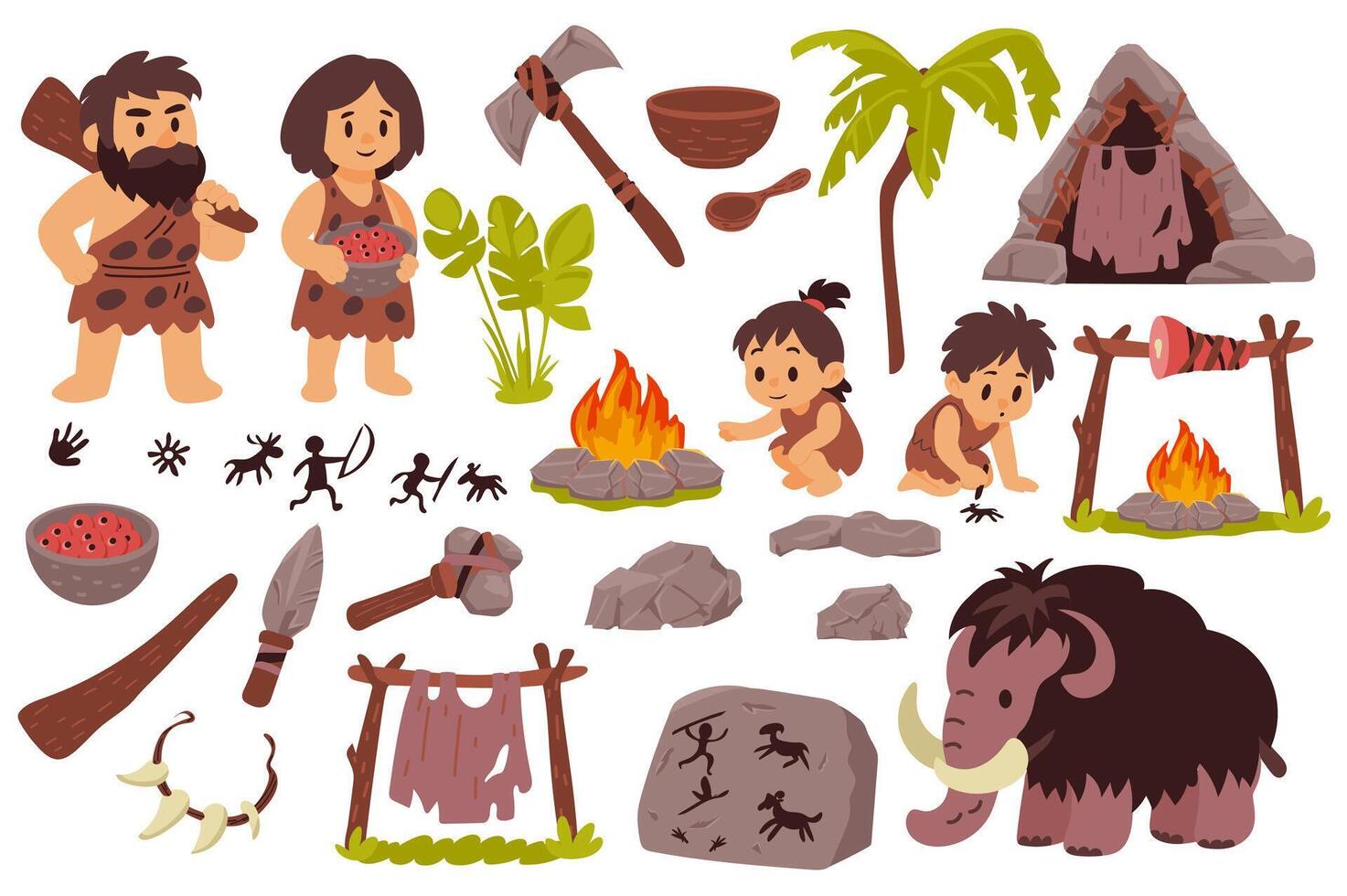 Stone age characters set in flat graphic design. Collection isolated elements with caveman family with children, plants, tools and weapons, cave housing, rock paintings, other. illustration. vector