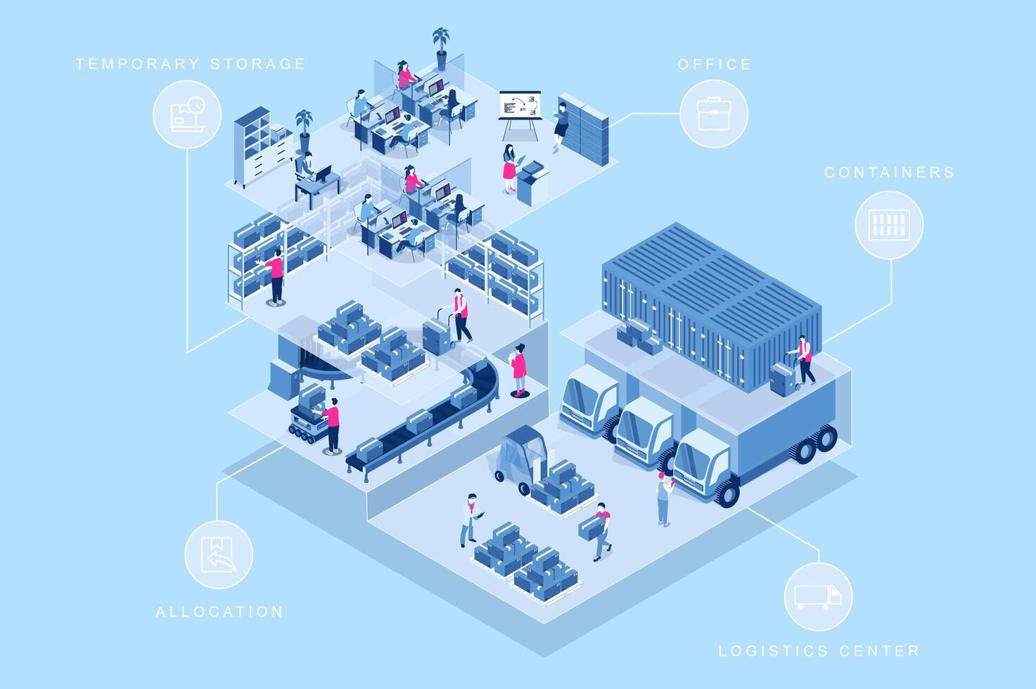 Warehouse logistics 3d isometric concept for web design. People in isometry working at delivery company office, loading boxes and containers, allocation and temporary storage. illustration. vector
