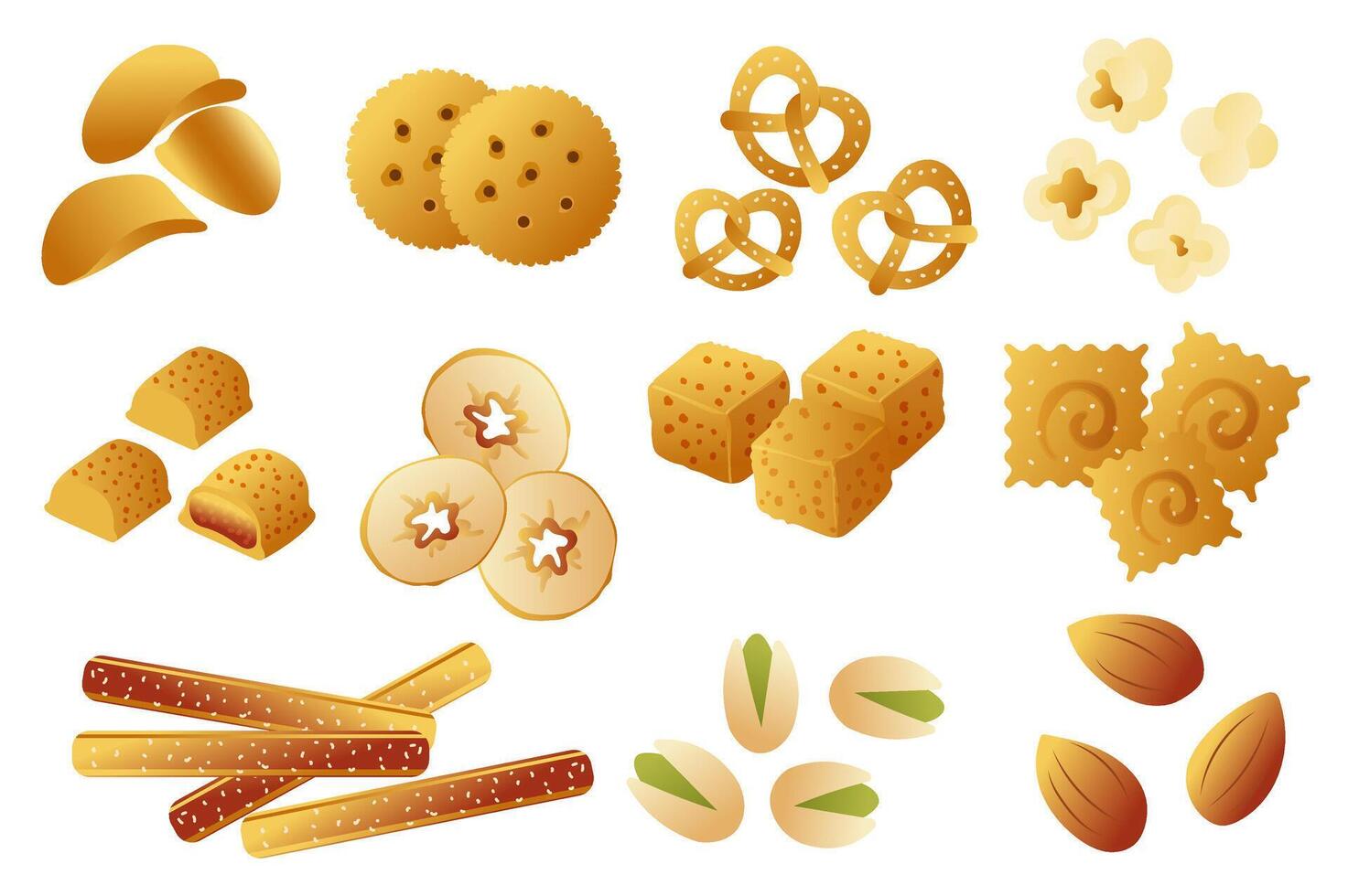 Salty snacks set in flat cartoon graphic design. Collection isolated elements of potato chips, crackers, popcorn, crunchy croutons, baked sticks, pistachios and almonds other. illustration. vector