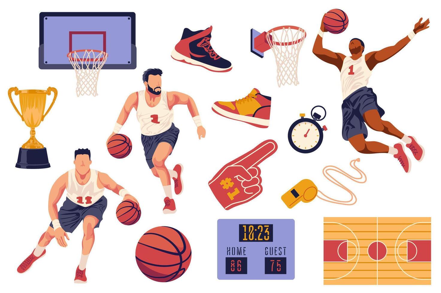 Basketball set in flat graphic design. Collection isolated elements of team players jumping and running, ball, field, basket, sneakers, electronic scoreboard, trophy cup, other. illustration. vector