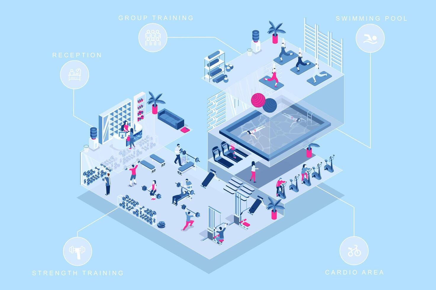 Fitness gym 3d isometric concept for web design. People in isometry rooms registering at reception, doing group or strength training, exercising at cardio area and swimming pool. illustration. vector
